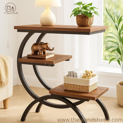 3-Tier Wood & Metal Side Table with Storage Shelf