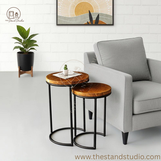 Set of 2 Round Nesting Side Table, Wood End Table