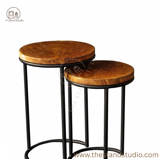Set of 2 Round Nesting Side Table, Wood End Table