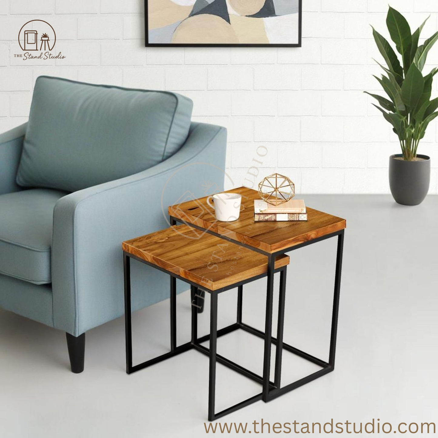Set of 2 Rectangle Nesting Side Table, Wood End Table