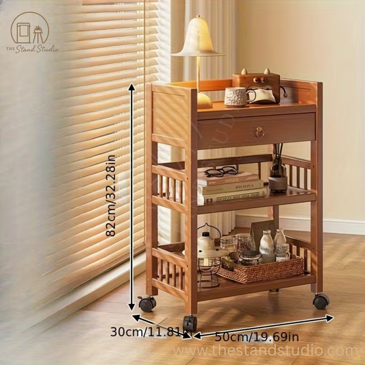 Versatile Wooden Trolley with Wheels & Multi-Shelf Storage