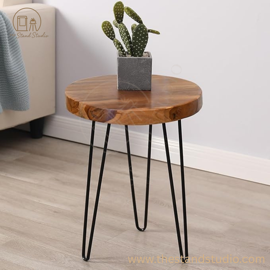 Solid Wood Side Table with 3 Metal Hairpin Legs for Bedroom, Round End Table Next to Living Room Sofa