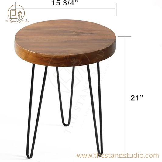Solid Wood Side Table with 3 Metal Hairpin Legs for Bedroom, Round End Table Next to Living Room Sofa