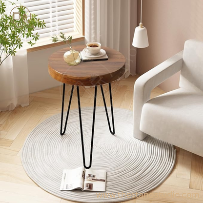 Solid Wood Side Table with 3 Metal Hairpin Legs for Bedroom, Round End Table Next to Living Room Sofa