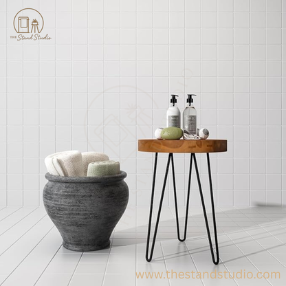 Solid Wood Side Table with 3 Metal Hairpin Legs for Bedroom, Round End Table Next to Living Room Sofa