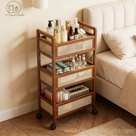 3-Tier Rolling Storage Cart with Wheels, Wooden Rattan Organizer with Double Handles
