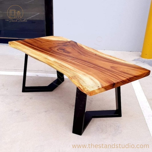 Live Edge Coffee Table with Black Stainless Steel Legs – Handmade Solid Wood Coffee Table | Modern Rustic Center Table | Bespoke Live Edge Tea Table
