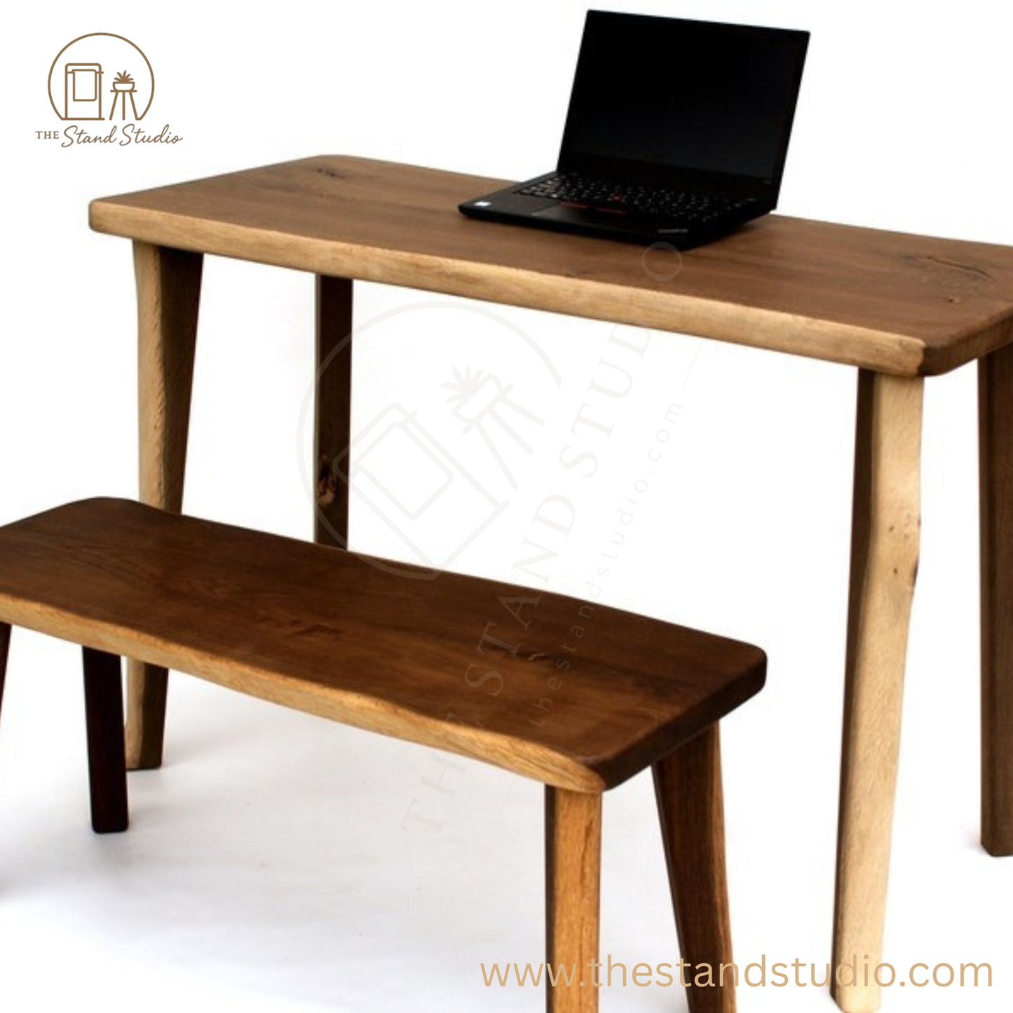 Live Edge Sheesham Wood Desk with Matching Bench – Handmade Solid Wood Office Furniture, Rustic Modern Workstation Set