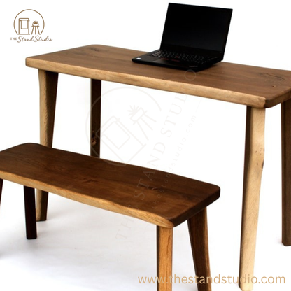 Live Edge Sheesham Wood Desk with Matching Bench – Handmade Solid Wood Office Furniture, Rustic Modern Workstation Set