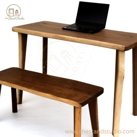 Live Edge Sheesham Wood Desk with Matching Bench – Handmade Solid Wood Office Furniture, Rustic Modern Workstation Set