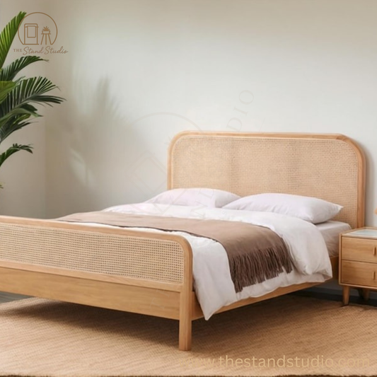 Oak Bed with Rattan Headboard and Footboard Wooden Bed Frame, Boho Style Bed, Natural Rattan Accent Bed for Bedroom