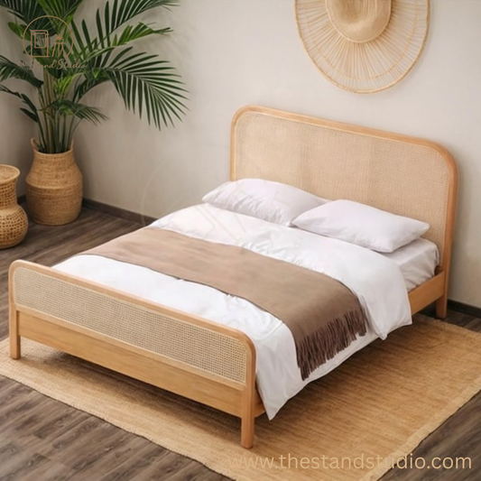 Oak Bed with Rattan Headboard and Footboard Wooden Bed Frame, Boho Style Bed, Natural Rattan Accent Bed for Bedroom