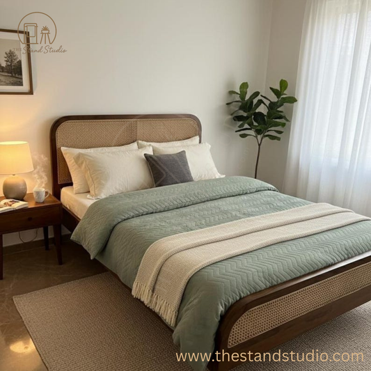 Mid-Century Modern Sheesham wood Bed with Rattan Headboard | Handmade Solid Wood Bed Frame