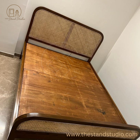 Mid-Century Modern Sheesham wood Bed with Rattan Headboard | Handmade Solid Wood Bed Frame