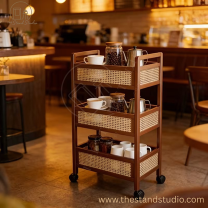 3-Tier Rolling Storage Cart with Wheels, Wooden Rattan Organizer with Double Handles